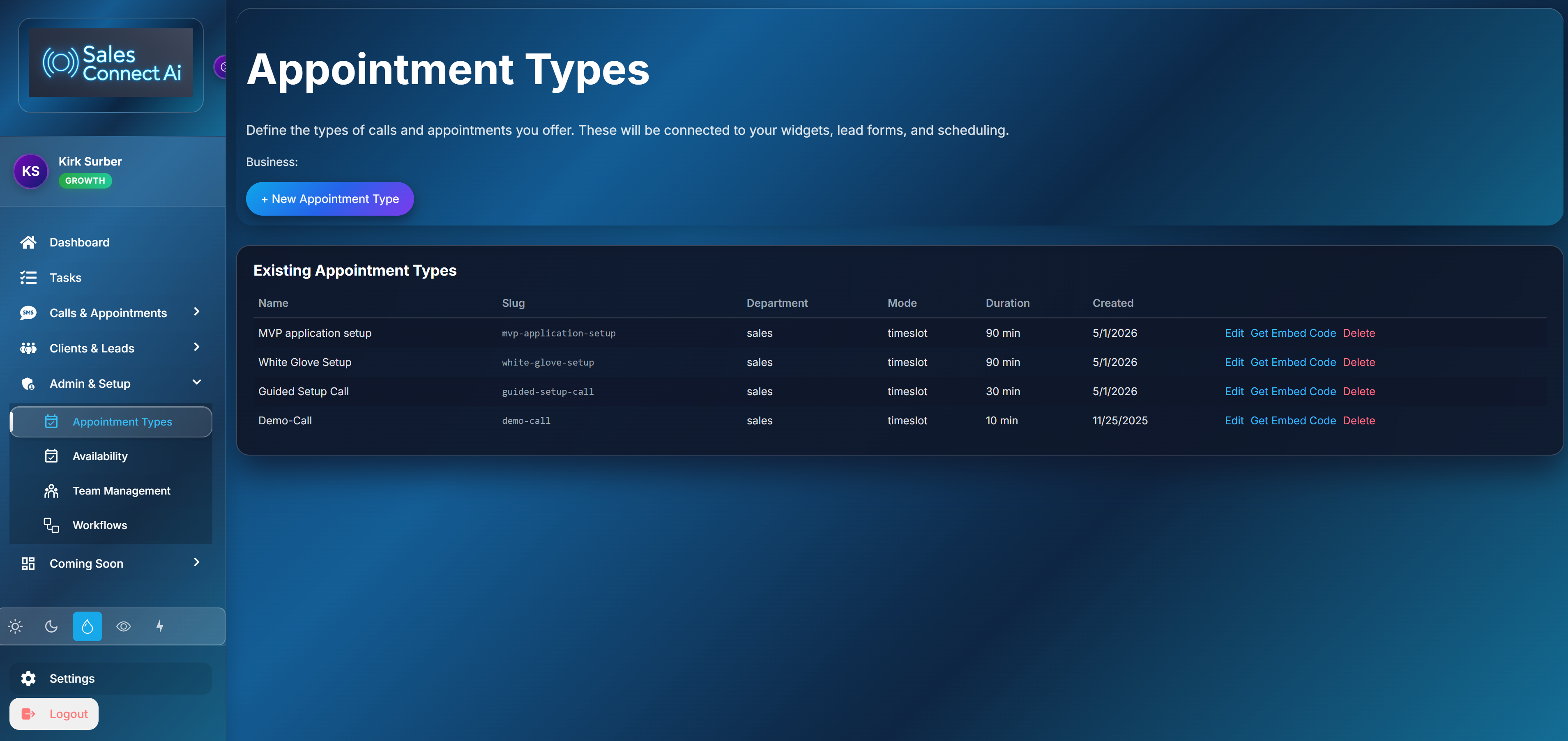 Sales Connect AI Appointment Types screen